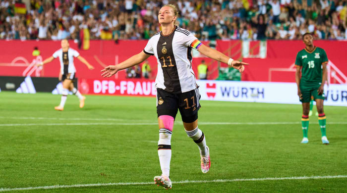 Germany's Alexandra Popp celebrates her goal in a friendly against Zambia.